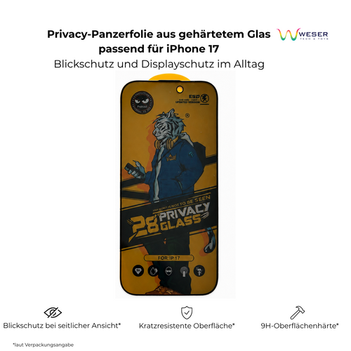 3er Set Privacy Panzerfolie Sichtschutz Schutzglas 9H passend für iPhone 17